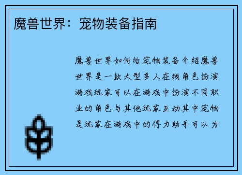 魔兽世界：宠物装备指南